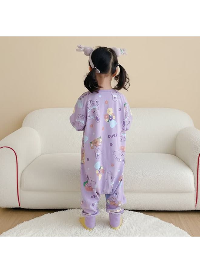 Zisehy Purple Floral Language 100% Cotton Children's One-piece Split-leg Sleeping Bag Autumn Winter Girls Pajamas Anti-kick Purple Size 120