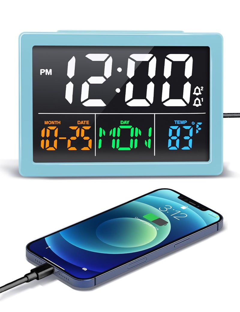 Jall Digital Alarm Clock with 55 Large LED Time Display Adjustable Alarm Volume 6 Level Brightness Alarm Settings USB Charger Temperature Detect Snooze Clocks for Bedroom Bedside Desk Blue