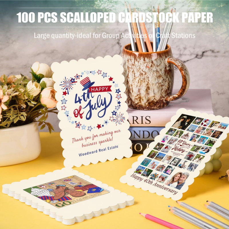 MixTeach 100 Pcs Scalloped Cardstocks 5" x 7" Rectangle Scalloped Edges Cardstock Paper Thick Card Stock Printer Paper for Cards Making, Crafts, Scrapbook, Invitations, Drawing, Printing (Off White) - Image 3