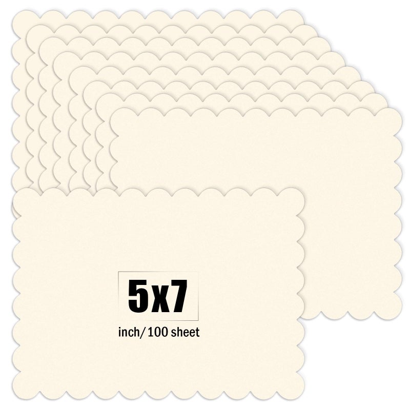 MixTeach 100 Pcs Scalloped Cardstocks 5" x 7" Rectangle Scalloped Edges Cardstock Paper Thick Card Stock Printer Paper for Cards Making, Crafts, Scrapbook, Invitations, Drawing, Printing (Off White) - Image 1