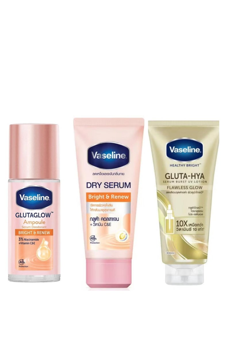 فازلين أفضل مجموعة للجسم، ثلاث قطع: سيروم في لوشن غلوتا-هيا فلوليس جلو الصحي والمشرق 300 مل، سيروم جاف ومشرق ومتجدد 45 مل، سيروم مزيل للعرق رول أون، أمبولة غلوتا-هيا برايت آند رينيو 45 مل