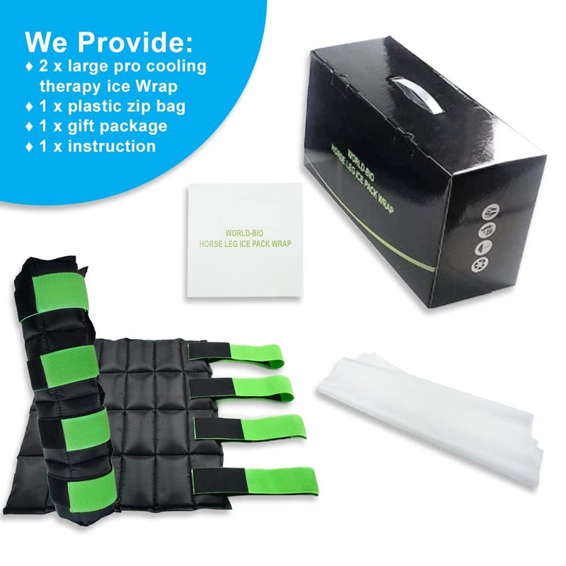 WORLD-BIO Horse Leg Ice Packs Cooling Wrap for Horse Injuries, Set of 2 Professional Cold Therapy Pack with Flexible Straps for Hock, Ankle, Knee, Ice Boots Horse Wrap 16.9'' x 16.1'', Black & Green - Image 2