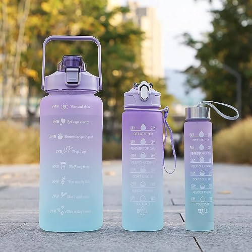 JUGTE Plastic Motivational Water Bottle With Time & Capacity Marker Leakproof Unbreakable Water Bottle For Gym Office Set Of 3 Daily Tracking Time Marks (Purple), 2 Liters - Image 1