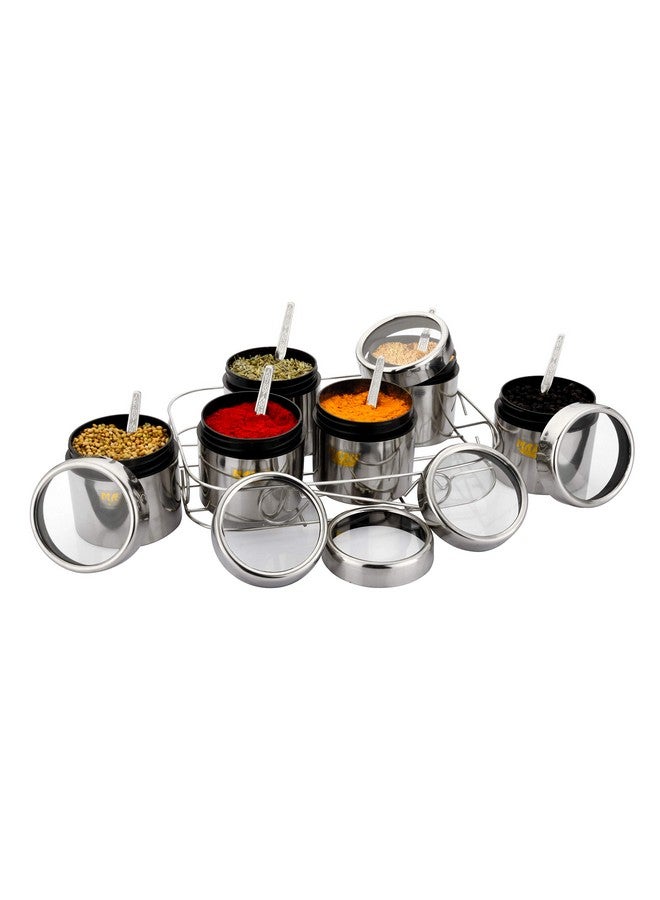 MARU حاوية ماسالا من الفولاذ المقاوم للصدأ مارُو للمطبخ، منظم متعدد الاستخدامات مع حامل سلكي ومجموعة 6 ملاعق، صندوق تخزين التوابل، حلول تخزين متينة للمطبخ للتوابل والضروريات 350 مل لكل منها - Image 1