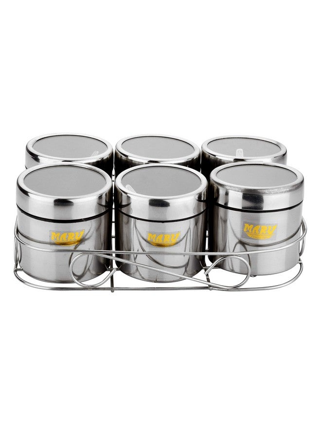 MARU حاوية ماسالا من الفولاذ المقاوم للصدأ مارُو للمطبخ، منظم متعدد الاستخدامات مع حامل سلكي ومجموعة 6 ملاعق، صندوق تخزين التوابل، حلول تخزين متينة للمطبخ للتوابل والضروريات 350 مل لكل منها - Image 4