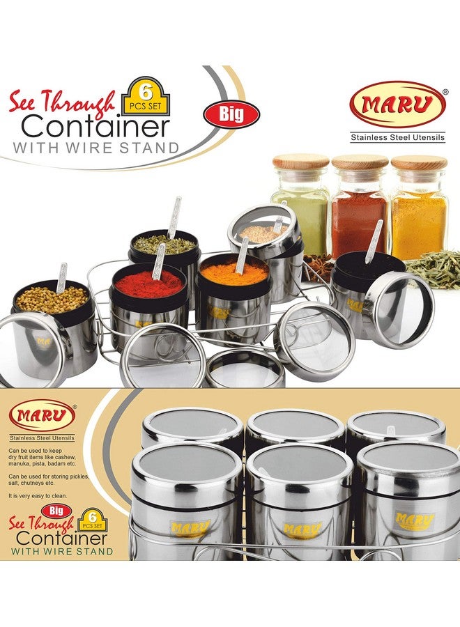 MARU حاوية ماسالا من الفولاذ المقاوم للصدأ مارُو للمطبخ، منظم متعدد الاستخدامات مع حامل سلكي ومجموعة 6 ملاعق، صندوق تخزين التوابل، حلول تخزين متينة للمطبخ للتوابل والضروريات 350 مل لكل منها - Image 5