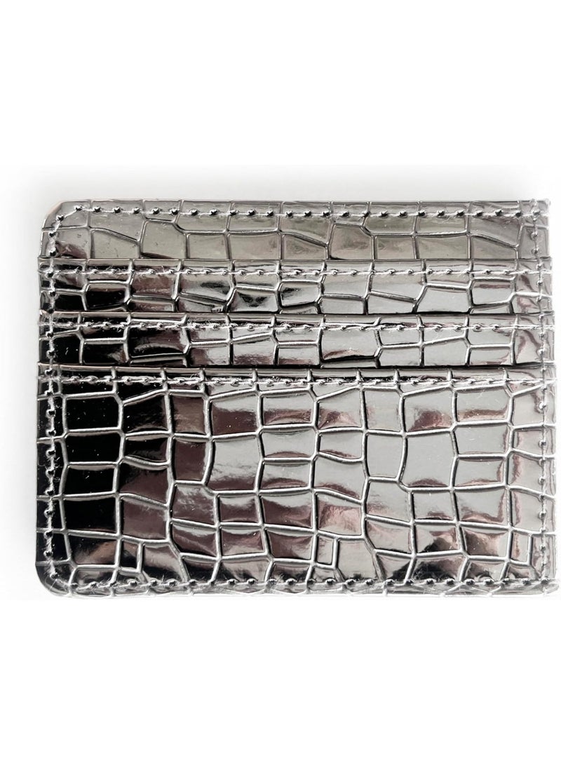 zoba Small women's wallet with a glossy crocodile leather design – multi-pocket card and wallet – slim wallet for Visa, cash, and ID –silver color - Image 1