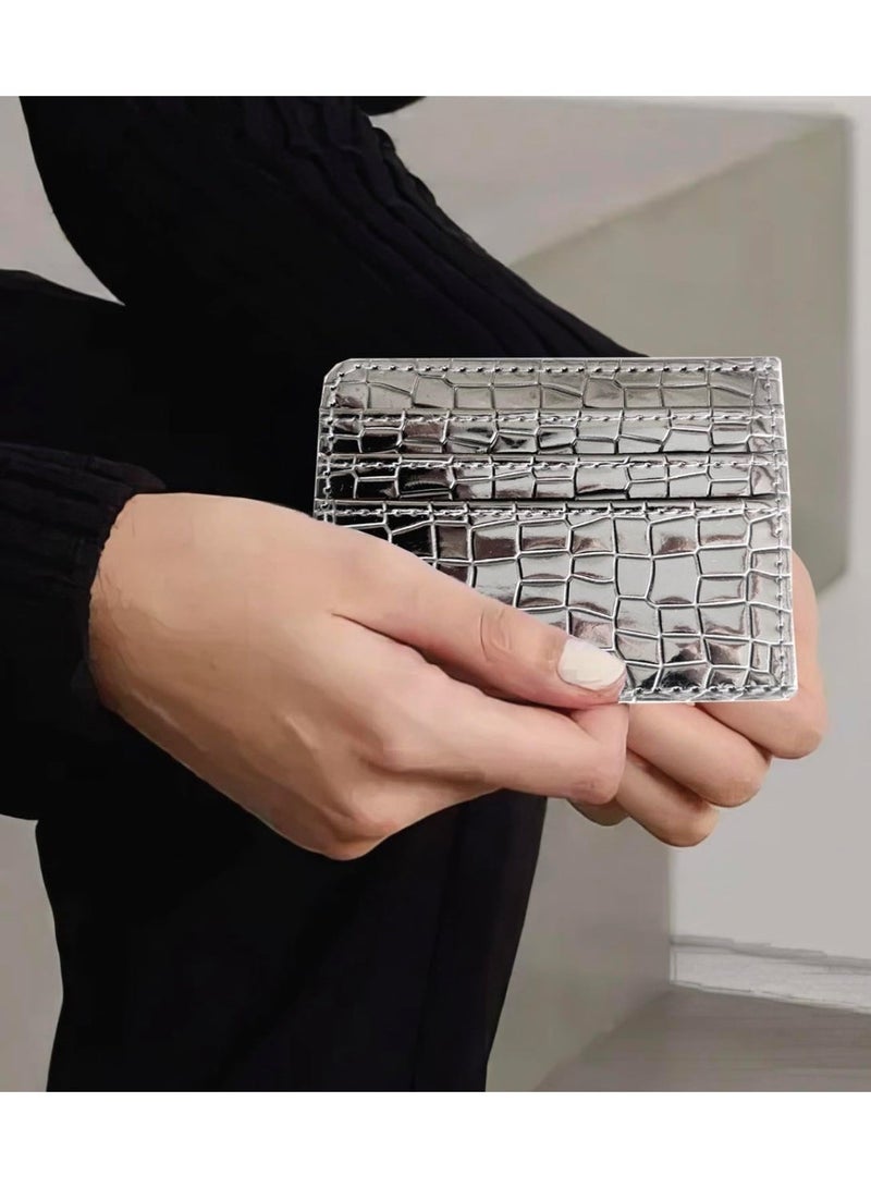 zoba Small women's wallet with a glossy crocodile leather design – multi-pocket card and wallet – slim wallet for Visa, cash, and ID –silver color - Image 4