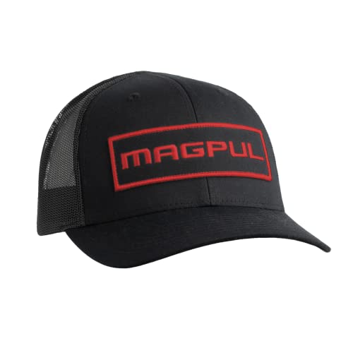 Magpul Standard Trucker Hat Snap Back Baseball Cap, One Size Fits Most, Wordmark Patch Black/Red - Image 1