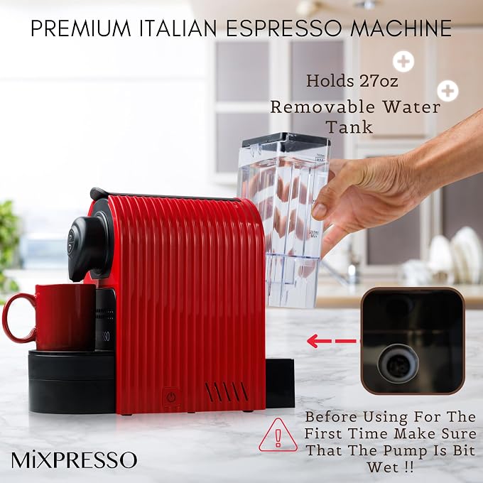 Mixpresso Espresso Machine, Compatible with Nespresso OriginalLine Capsules | 1400W single serve coffee maker with one-touch operation, 19-bar Italian pump and 27oz water tank, red - Image 2