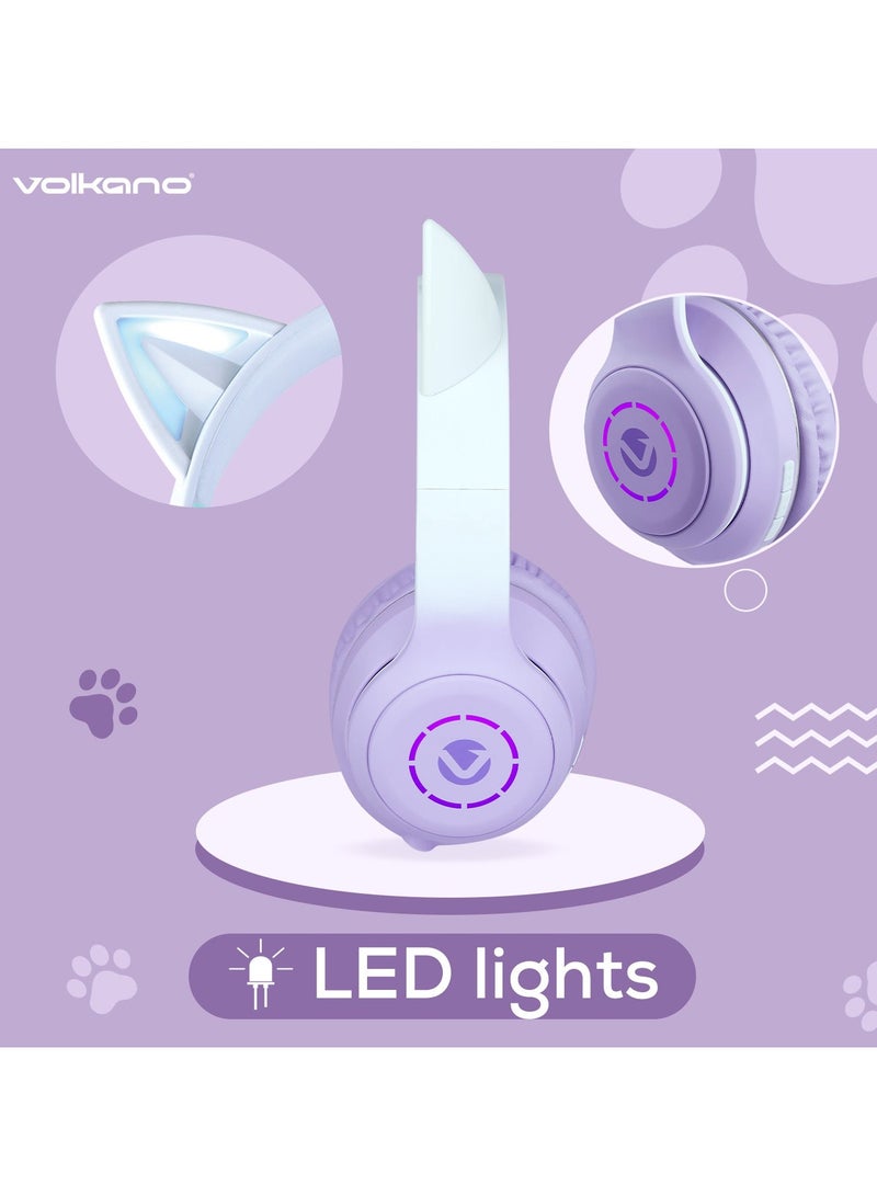 Volkano Whisker Series Cat Ear Wireless Headset – High Quality, Bluetooth 5.3, FM Radio, 600mAh Battery, 40mm Drivers, Type-C Charging – Purple - Image 3