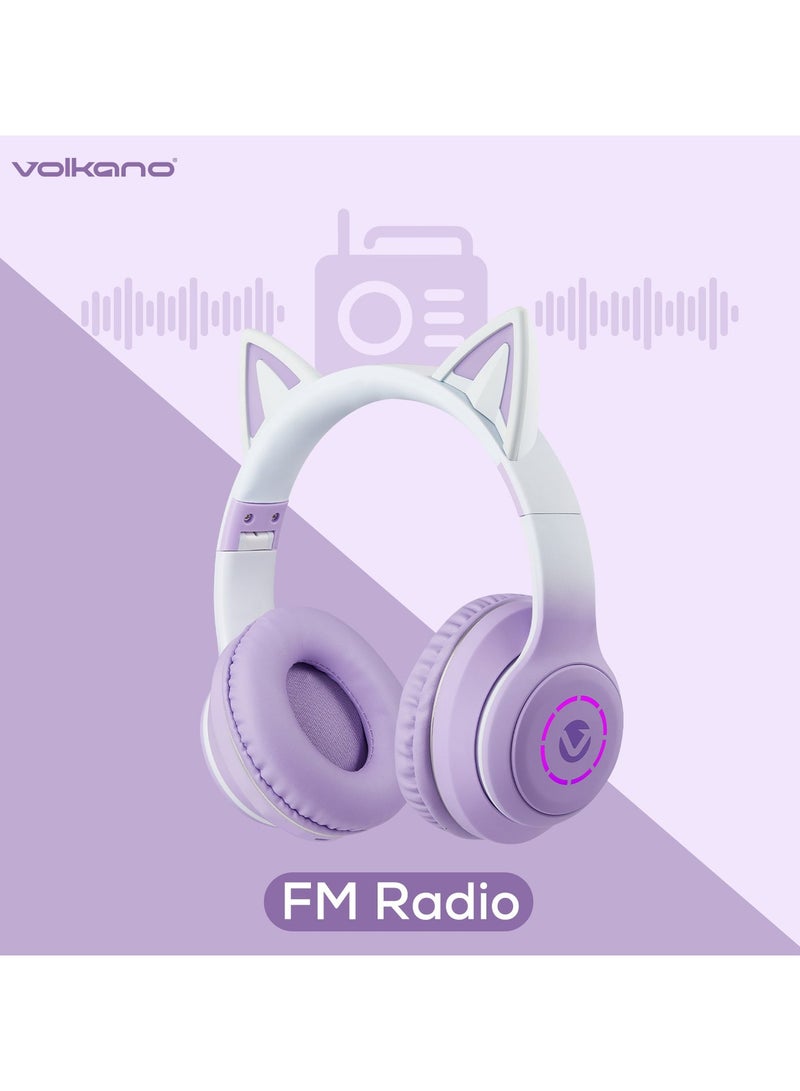 Volkano Whisker Series Cat Ear Wireless Headset – High Quality, Bluetooth 5.3, FM Radio, 600mAh Battery, 40mm Drivers, Type-C Charging – Purple - Image 4