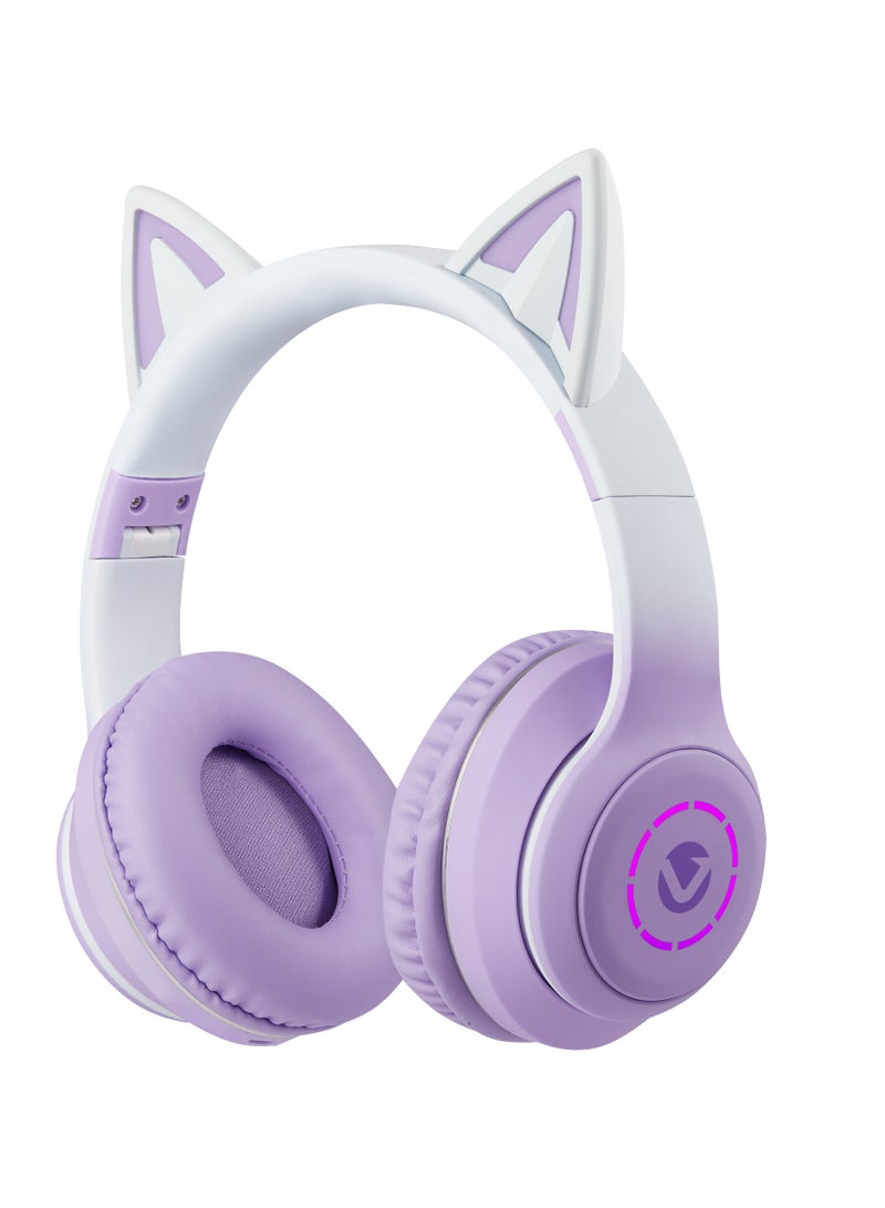 Volkano Whisker Series Cat Ear Wireless Headset – High Quality, Bluetooth 5.3, FM Radio, 600mAh Battery, 40mm Drivers, Type-C Charging – Purple - Image 1