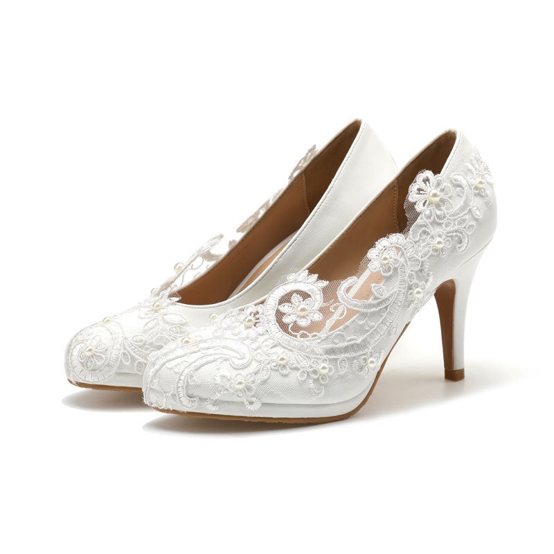 White Lace High Heels Platform Round Head Shallow Mouth Shoes Wedding Shoes Plus Size Handmade Pearl Wedding Shoes Direct Selling - Image 1
