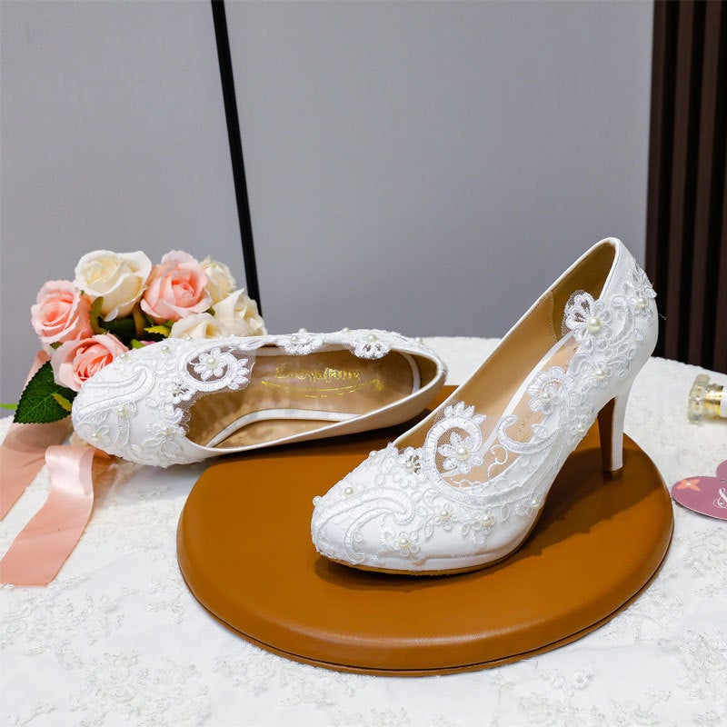 White Lace High Heels Platform Round Head Shallow Mouth Shoes Wedding Shoes Plus Size Handmade Pearl Wedding Shoes Direct Selling - Image 3