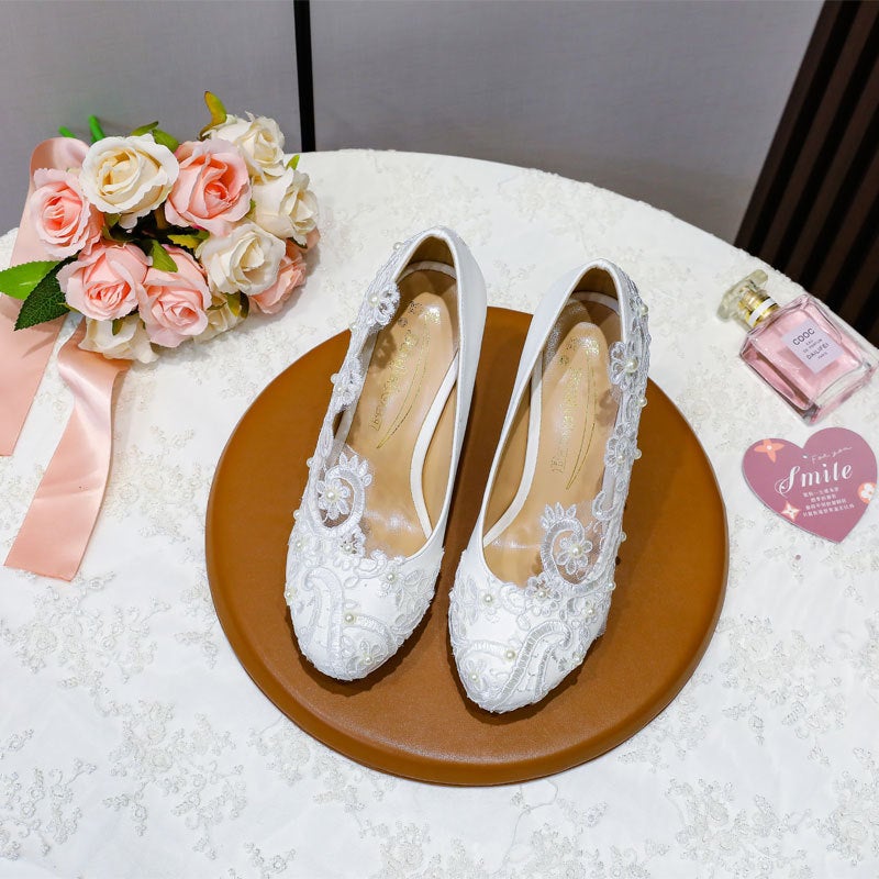 White Lace High Heels Platform Round Head Shallow Mouth Shoes Wedding Shoes Plus Size Handmade Pearl Wedding Shoes Direct Selling - Image 4