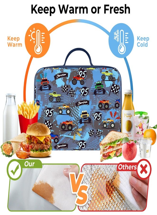 Clastyle Blue Race Car Insulated Lunch Bag for Kids Boy, Truck Flags Portable Large Thermal Cooler Lunch Box Bag for School - Image 3