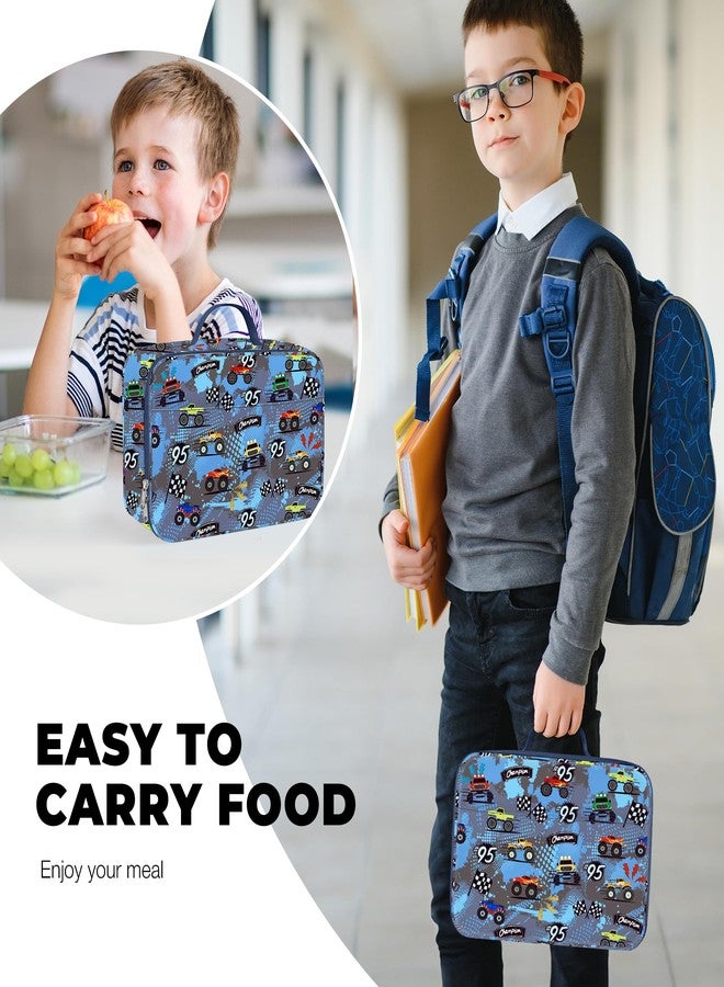 Clastyle Blue Race Car Insulated Lunch Bag for Kids Boy, Truck Flags Portable Large Thermal Cooler Lunch Box Bag for School - Image 2