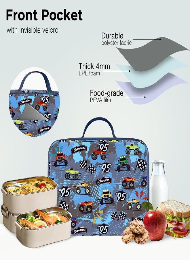 Clastyle Blue Race Car Insulated Lunch Bag for Kids Boy, Truck Flags Portable Large Thermal Cooler Lunch Box Bag for School - Image 5