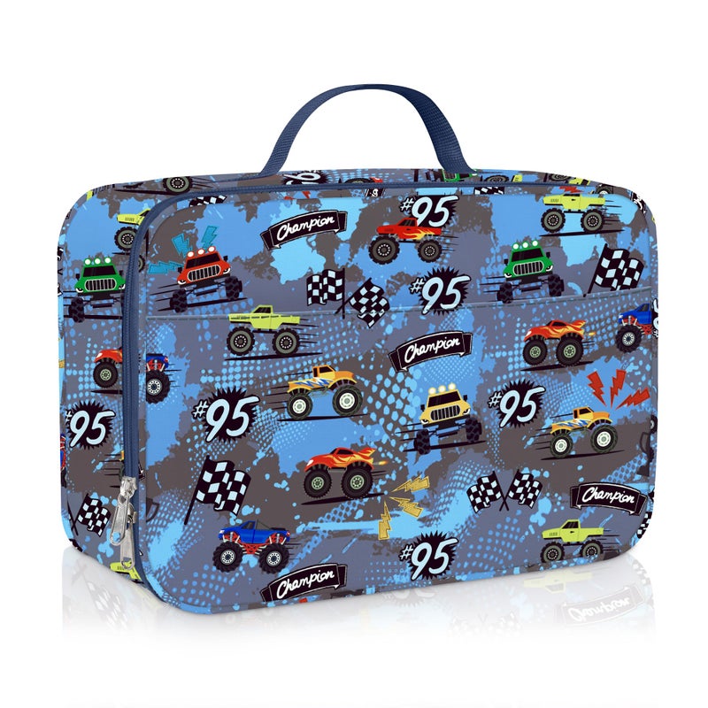 Clastyle Blue Race Car Insulated Lunch Bag for Kids Boy, Truck Flags Portable Large Thermal Cooler Lunch Box Bag for School - Image 1