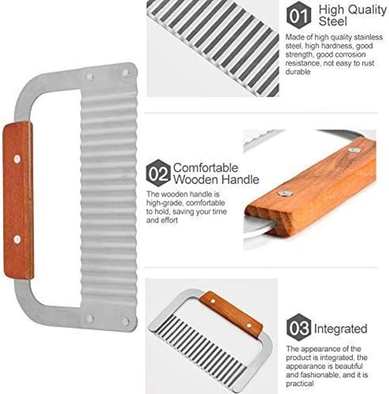 ARQIVO Crinkle Cutter for Veggies, Stainless Steel Wavy Potato Chopper Knife Wooden Handle, Crinkle Sweet Potato French Fries Slicer Cut Tool for Chopping Carrots, Cucumber, Soap, Wax Cutting - Image 3