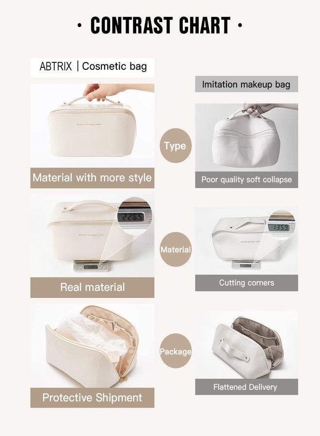 ABTRIX with AB Leather Travel Makeup Bag,Large Capacity Cosmetic Bags for Women, Waterproof Portable Pouch Open Flat Toiletry Bag Make Up Organizer with Divider and Handle, Multi Color (Cream) - Image 3
