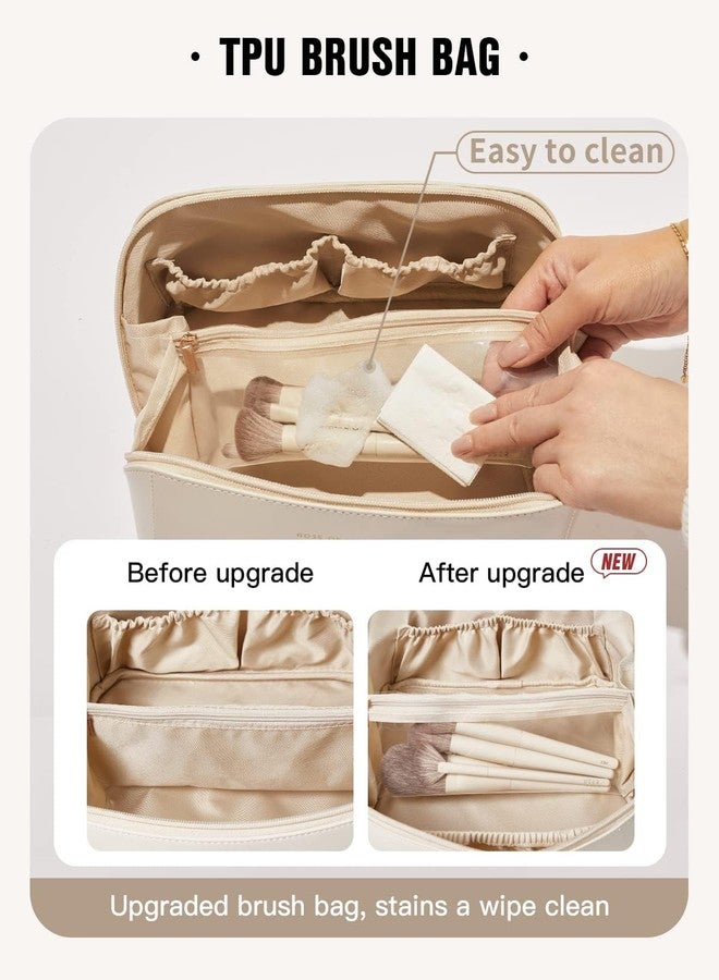 ABTRIX with AB Leather Travel Makeup Bag,Large Capacity Cosmetic Bags for Women, Waterproof Portable Pouch Open Flat Toiletry Bag Make Up Organizer with Divider and Handle, Multi Color (Cream) - Image 5