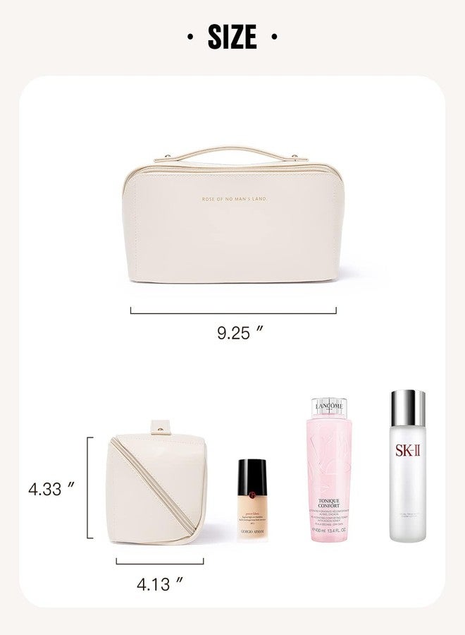 ABTRIX with AB Leather Travel Makeup Bag,Large Capacity Cosmetic Bags for Women, Waterproof Portable Pouch Open Flat Toiletry Bag Make Up Organizer with Divider and Handle, Multi Color (Cream) - Image 2