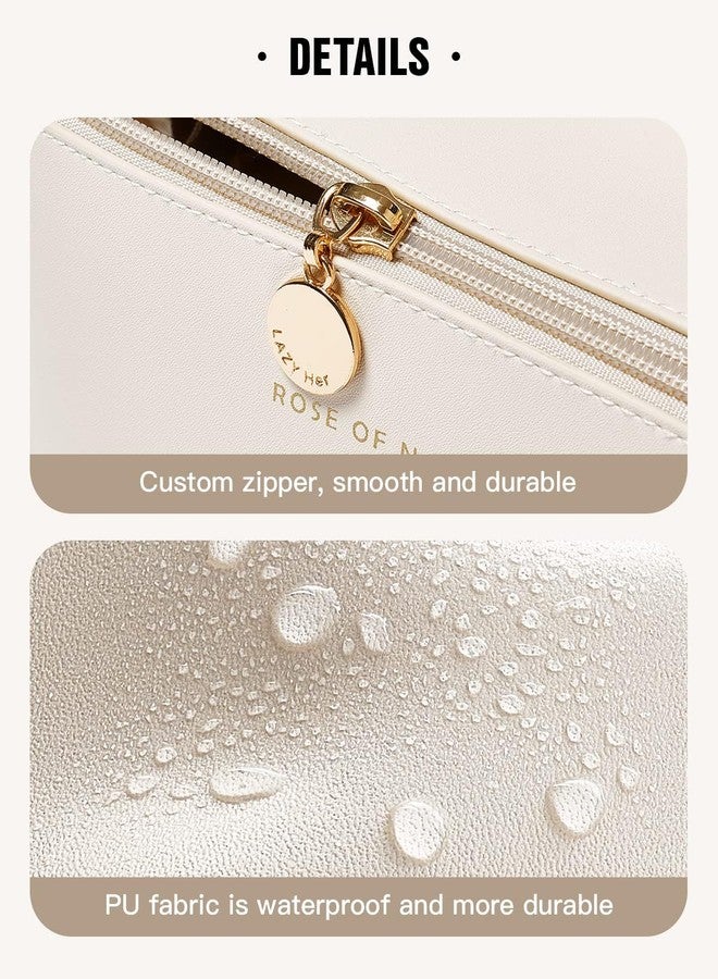 ABTRIX with AB Leather Travel Makeup Bag,Large Capacity Cosmetic Bags for Women, Waterproof Portable Pouch Open Flat Toiletry Bag Make Up Organizer with Divider and Handle, Multi Color (Cream) - Image 4