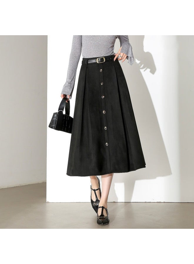 dme Demana Suede-like Spring Elegant High-waist A-line Flared Mid-length Skirt For Women - Image 1