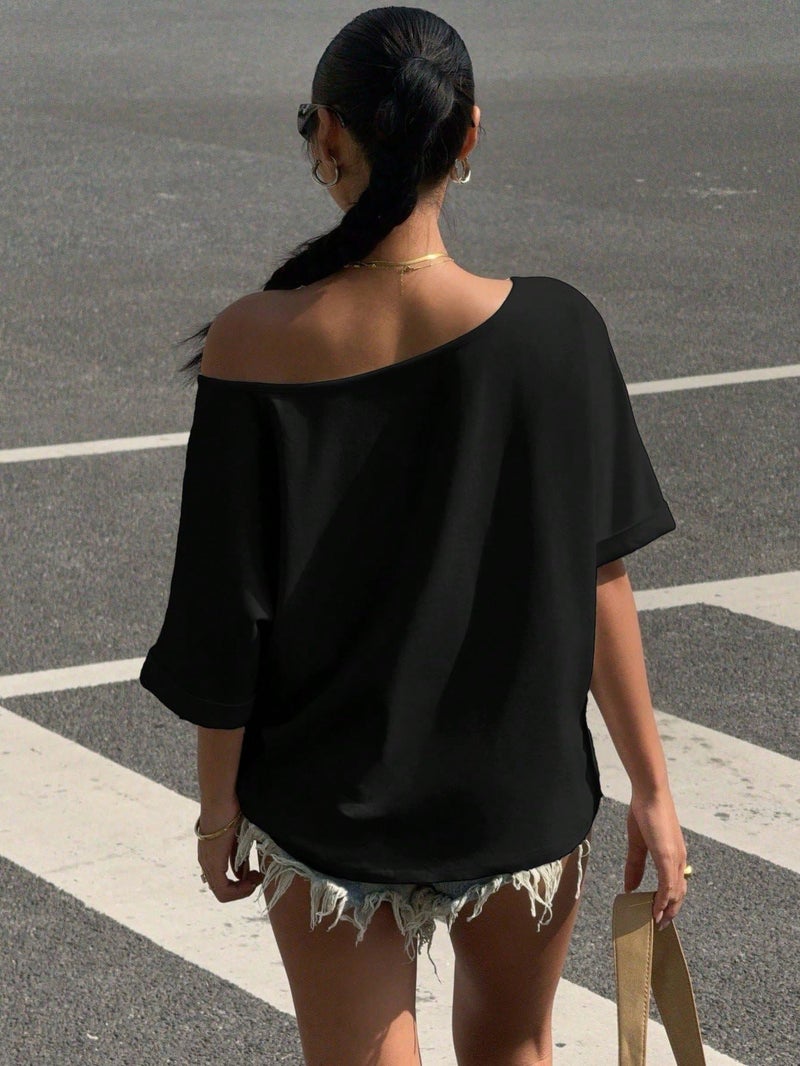 SXV STYLE Women's Off-Shoulder T-Shirt, Short Sleeve, Casual Loose Fit, Black (in, Alpha, 2XL, Black) - Image 2