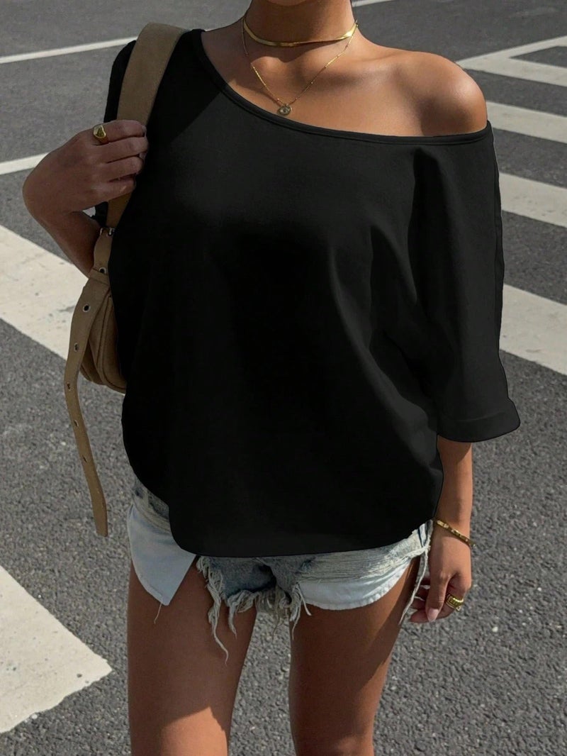 SXV STYLE Women's Off-Shoulder T-Shirt, Short Sleeve, Casual Loose Fit, Black (in, Alpha, 2XL, Black) - Image 4
