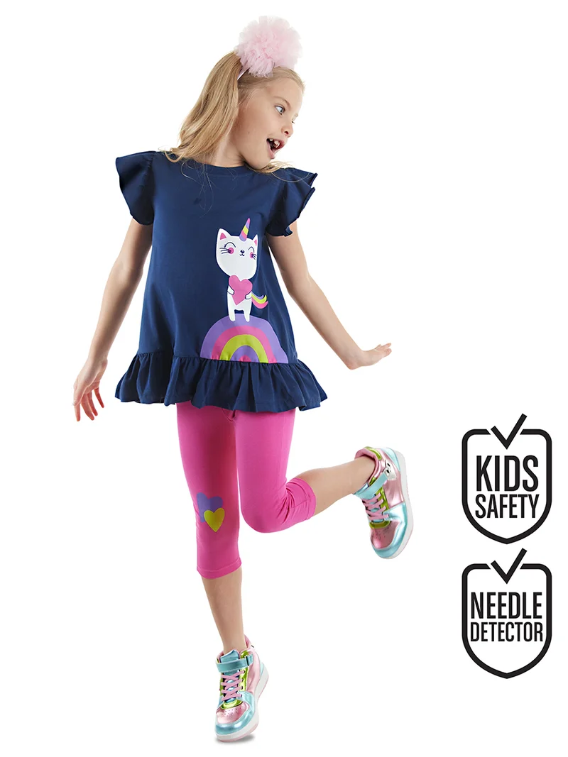 دينوكيدس طقم تيشيرت وبنطلون ليجنز للبنات بتصميم قطة وحيدة القرن