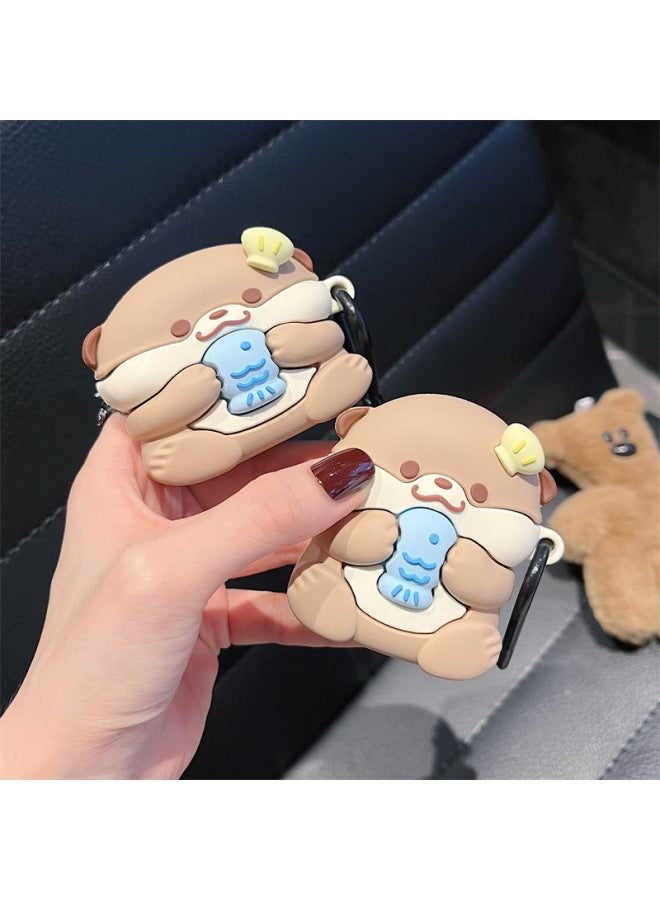 Cute Otter Baby Airpods4 Generation Protective Cover Second Generation 3 Generation Pro2 For Apple Bluetooth Earphone Case For Women-Color:Eat Fish Otter Baby Hook-Applicable Model:airpods 1/2 Generation - Image 2