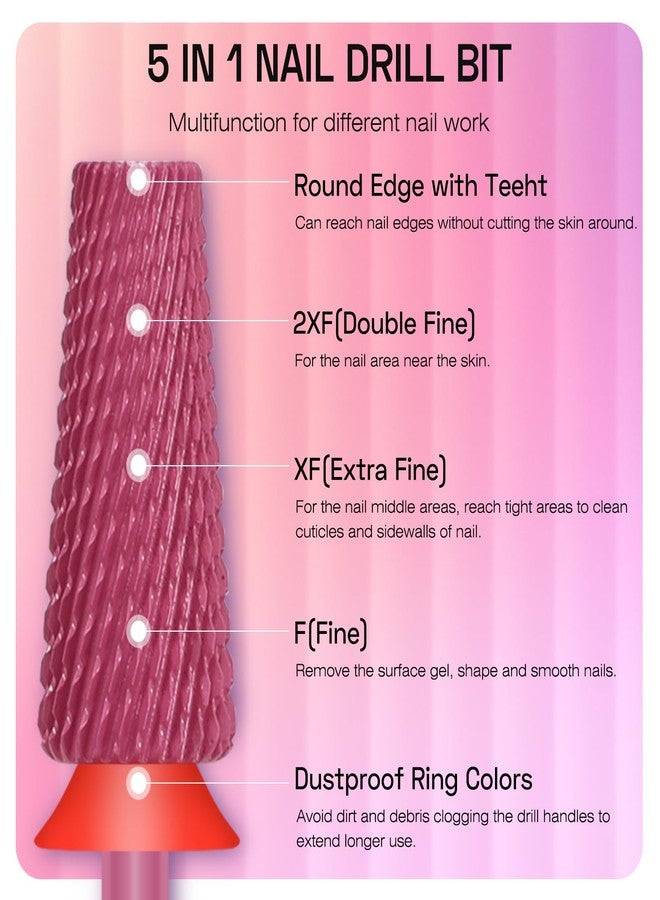 Depvko 5 in 1 Nail Drill Bits, 3/32" Carbide Tungsten Nail Bits for Nail Drill, Professional Two Way Rotate Gel Remover Drill Bit for Manicure Pedicure (Classic 5in1-Red, Fine-F) - Image 3