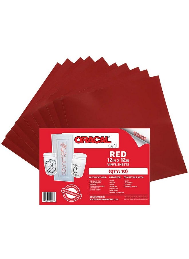 ORACAL (10) 12 X 12 Sheets Oracal 651 Red Adhesive Craft Vinyl For Cricut Silhouette Cameo Craft Cutters Printers And Decals Gloss Finish Outdoor And Permanent  - Image 1