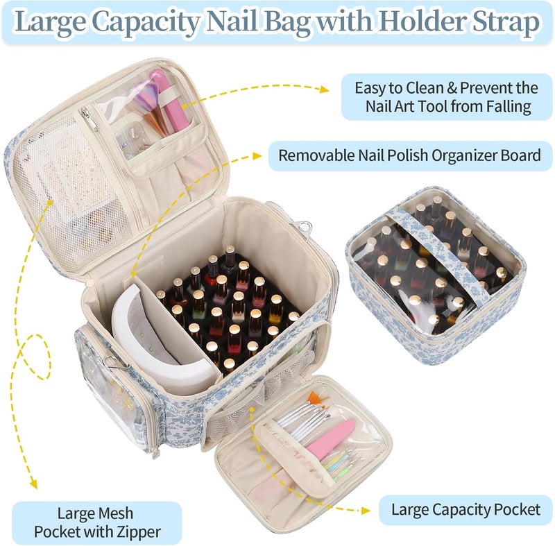 Bagmoly Nail Polish Organizer, Nail Polish Storage Holds 42+ Bottles & Nail Lamp, Portable Travel Nail Kit Storage Carrying Case Fits Nail Suppiles, Gift for Manicurist, Grils - Blue Flower - Image 2