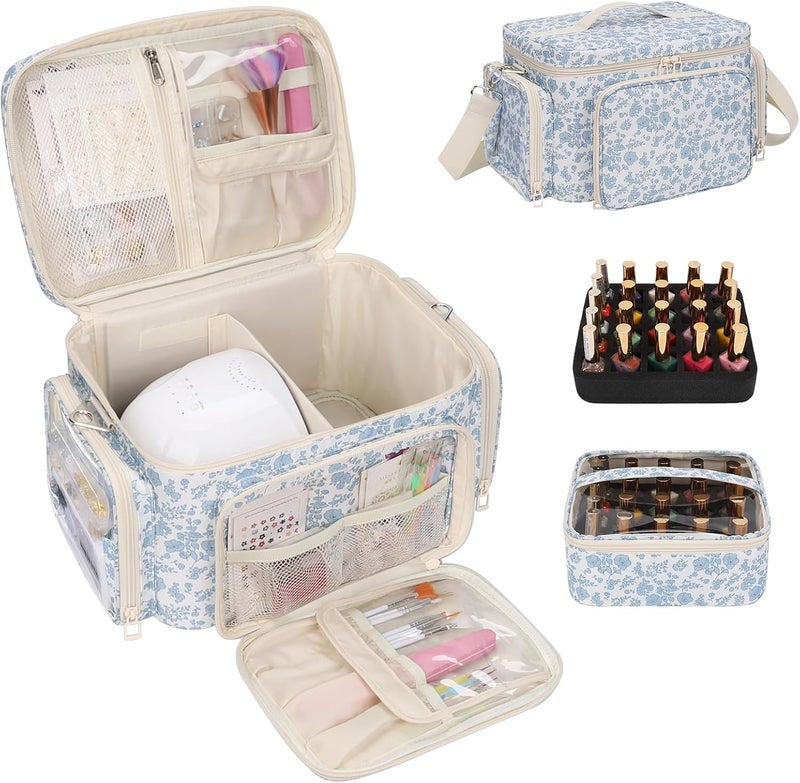 Bagmoly Nail Polish Organizer, Nail Polish Storage Holds 42+ Bottles & Nail Lamp, Portable Travel Nail Kit Storage Carrying Case Fits Nail Suppiles, Gift for Manicurist, Grils - Blue Flower - Image 1