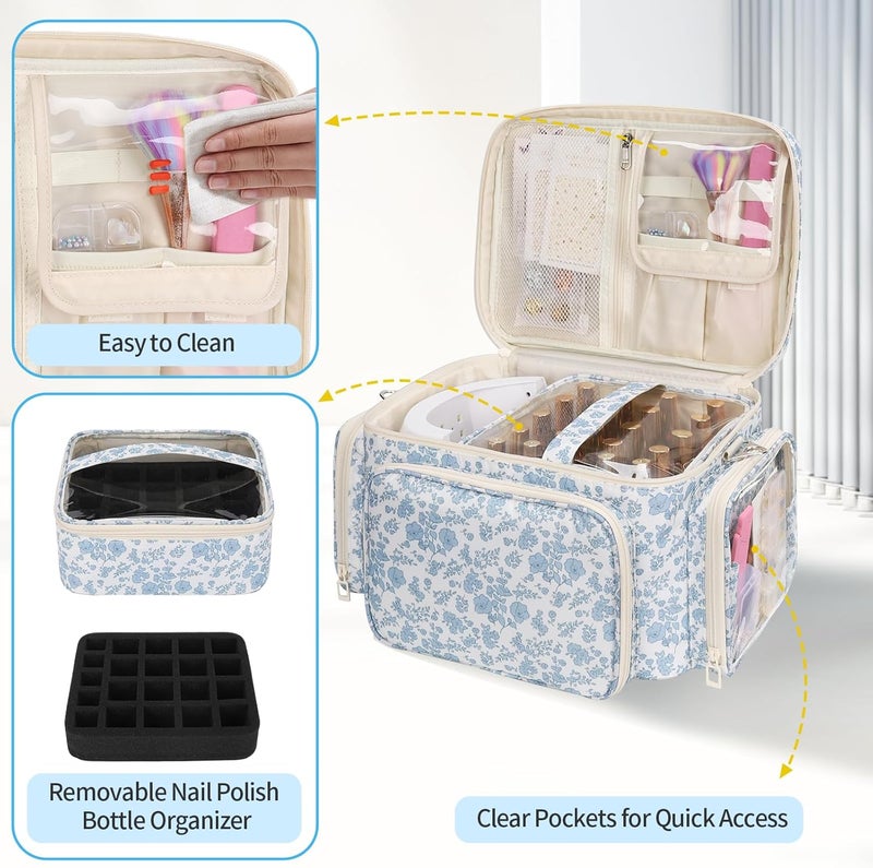 Bagmoly Nail Polish Organizer, Nail Polish Storage Holds 42+ Bottles & Nail Lamp, Portable Travel Nail Kit Storage Carrying Case Fits Nail Suppiles, Gift for Manicurist, Grils - Blue Flower - Image 3