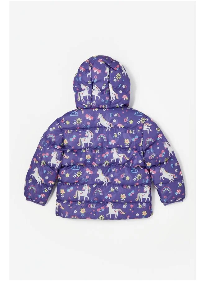 جون June Unicorn Butterfly Patterned Fleece Inside Girls' Coat Purple