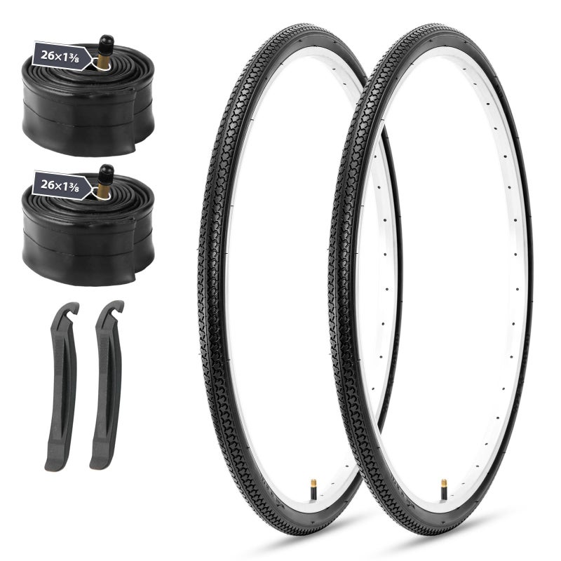 MOHEGIA 26x1 38 Inch Bike Tires 37590 mm 2Pack Folding Replacement Tires with Inner Tubes Schrader Valve Tire Levers for Vintage Urban Bicycles Classic Retro Black
