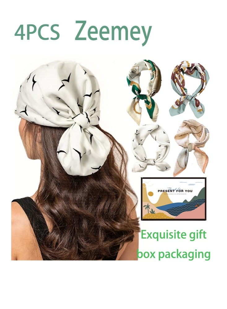 Zeemey Four-piece set of exquisite printed small square scarves, women's silk scarf set, including 4 different patterns such as flying birds, ink painting, and retro elements, smooth fabric, 70*70cm, can be used as scarves, hairbands - Image 1