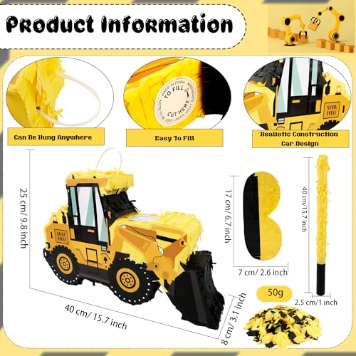 Drayear Construction Dump Truck Pinata with Pinata Bat Blindfold Confetti Construction Tractor Excavator Pinatas for Kids Birthday Construction Themed Party - Image 5