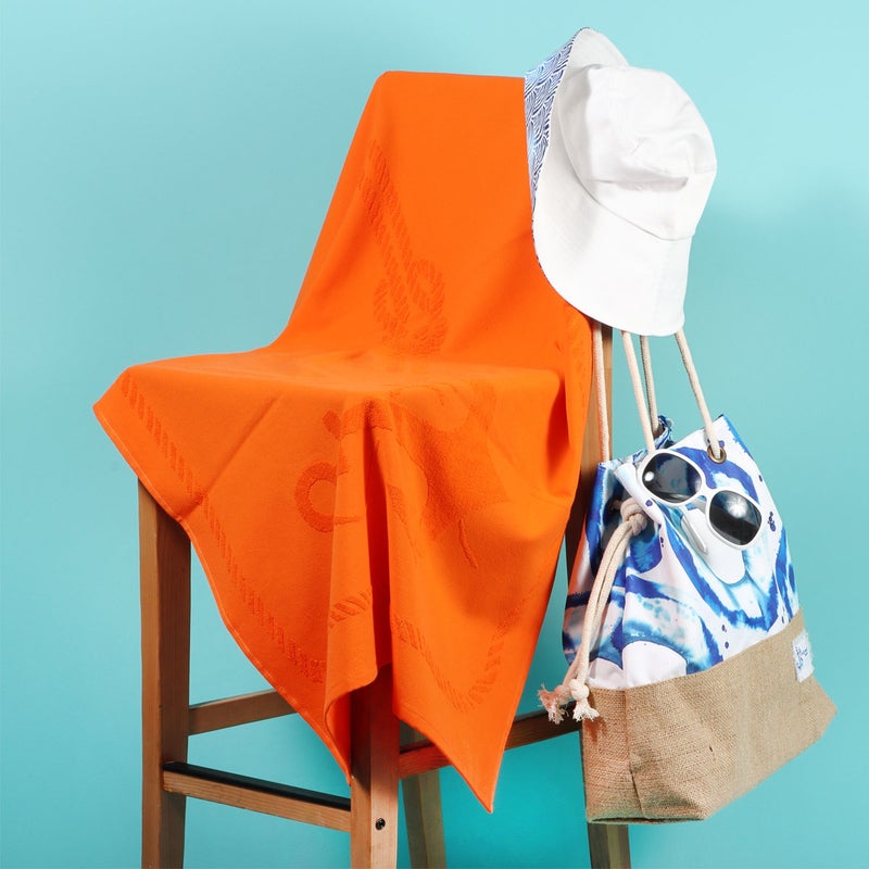 Anemoss Large Size Beach Towel, 100% Turkish Cotton, Sail Anchor Design, Orange, High Absorbent, Soft Towel, 70x140cm - Image 1
