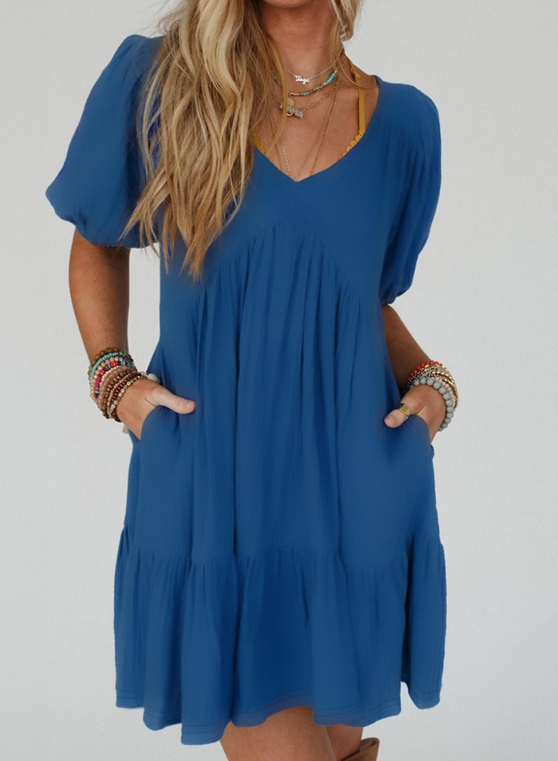 Acelitt Women's Summer Dresses 2026 Beach Casual Deep V Neck Loose Sundress Short Sleeve Mini Dress with Pockets Blue Medium - Image 2