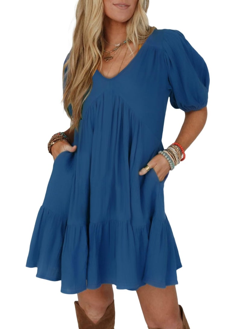 Acelitt Women's Summer Dresses 2026 Beach Casual Deep V Neck Loose Sundress Short Sleeve Mini Dress with Pockets Blue Medium - Image 1