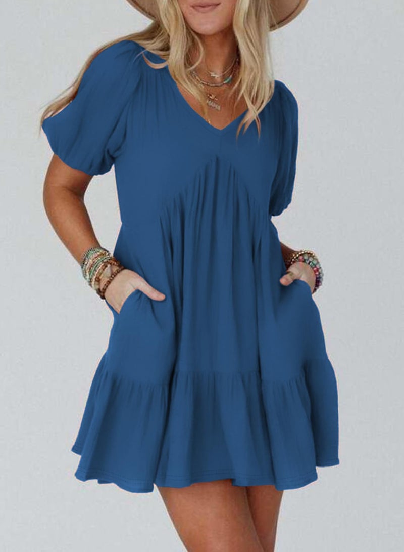 Acelitt Women's Summer Dresses 2026 Beach Casual Deep V Neck Loose Sundress Short Sleeve Mini Dress with Pockets Blue Medium - Image 4