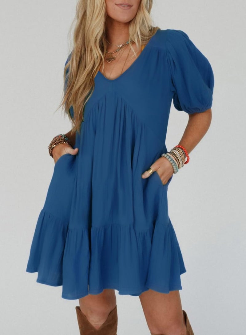 Acelitt Women's Summer Dresses 2026 Beach Casual Deep V Neck Loose Sundress Short Sleeve Mini Dress with Pockets Blue Medium - Image 5