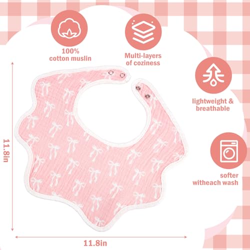 Yearntown 6 Pack Baby Muslin Bibs for Girls Boys Adjustable 100% Cotton Soft for Drooling and Teething Organic Lap-Shoulder(Pink Bow) - Image 2