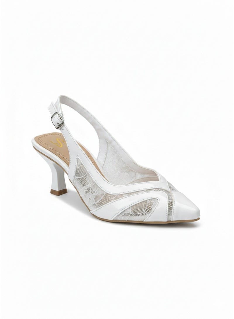 لايف ستيلاش  أحذية بكعب متوسط جلد لامع مع دانتيل F-605 - ابيض - Image 3